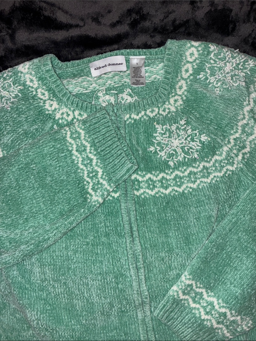 Alfred Dunner, Women’s L, Mint Green Zip Up Sweater, Winter Themed
